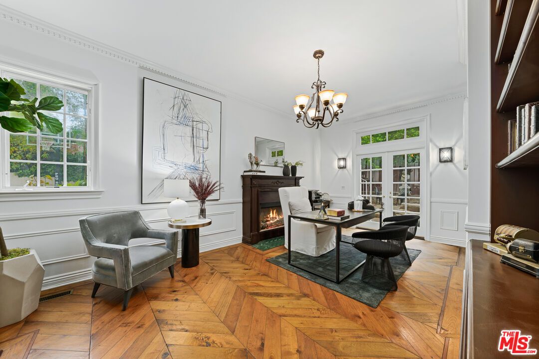 Chandelier, Fireplace, Home Office, Interior, Wood Texture Flooring