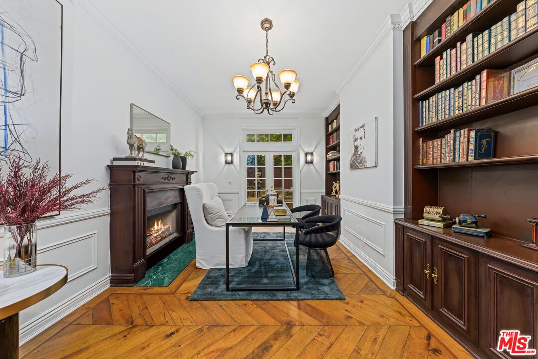 Chandelier, Fireplace, Home Office, Interior, Wood Texture Flooring