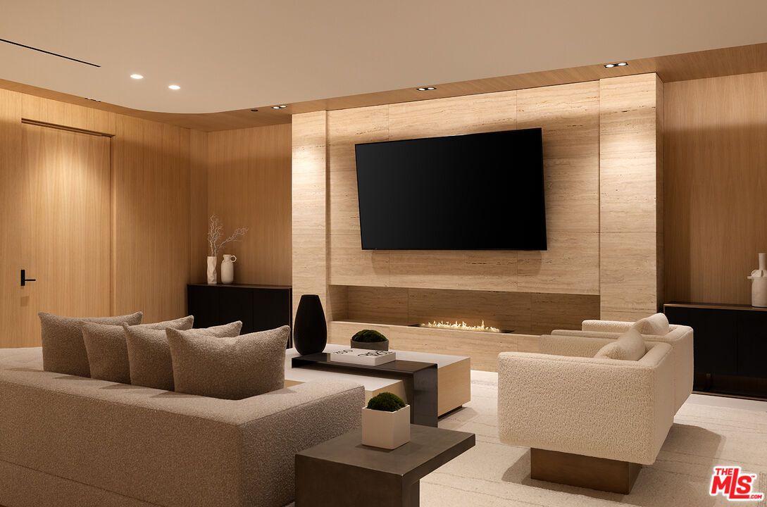 Fireplace, Interior, Living room, Recessed Lighting, Wooden Walls