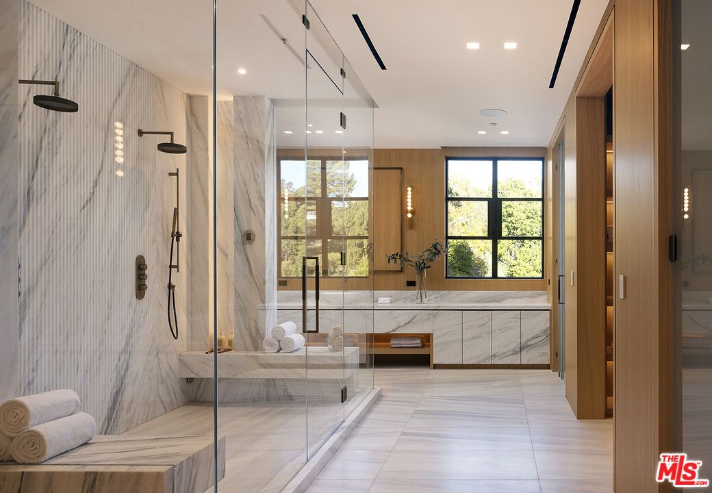 Bathroom, Glass Shower, Interior, Marble Walls, Recessed Lighting