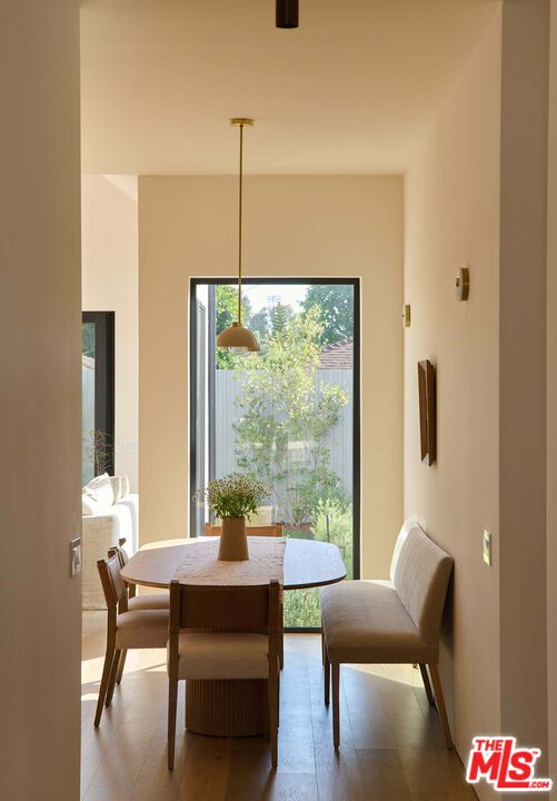 Dining room, Interior, Pendant Lights, Wood Texture Flooring