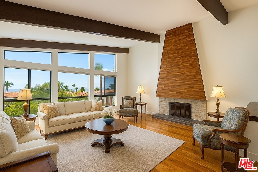 Fireplace, Interior, Living room, Water, Wooden Beams, Wood Texture Flooring