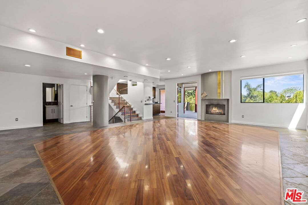 Empty room, Fireplace, Interior, Recessed Lighting, Wood Texture Flooring