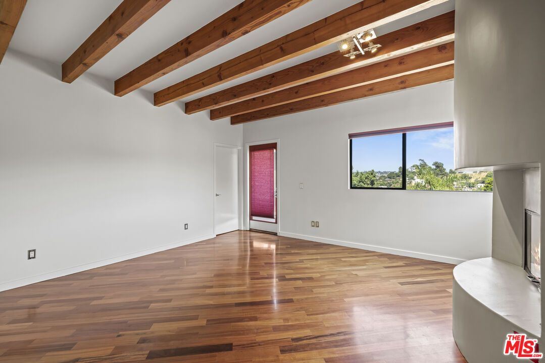 Empty room, Fireplace, Interior, Wooden Beams, Wood Texture Flooring