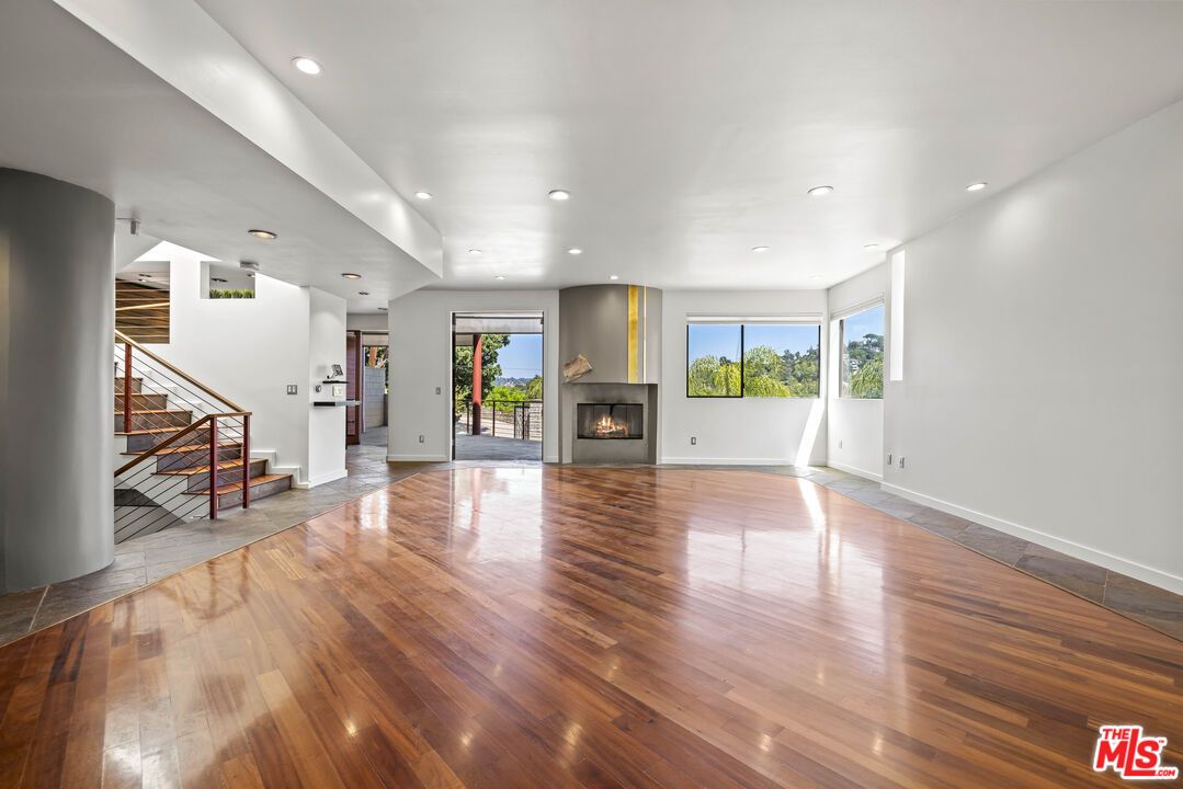 Empty room, Fireplace, Interior, Recessed Lighting, Wood Texture Flooring