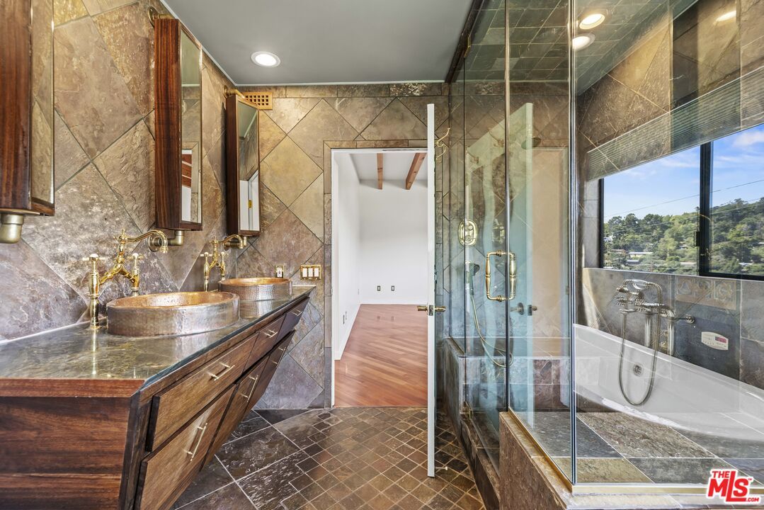 Bathroom, Dual Sink Vanities, Glass Shower, Interior, Recessed Lighting, Wood Texture Flooring