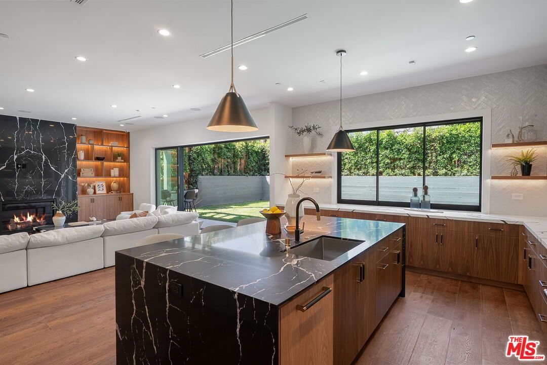 Fireplace, Interior, Kitchen, Living room, Pendant Lights, Recessed Lighting, Wood Texture Flooring