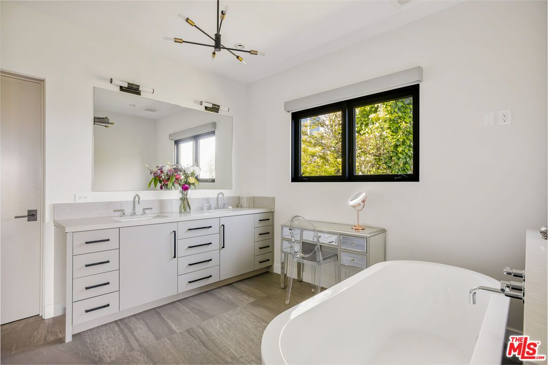 Bathroom, Dual Sink Vanities, Free Standing Baths, Interior, Pendant Lights, Wood Texture Flooring