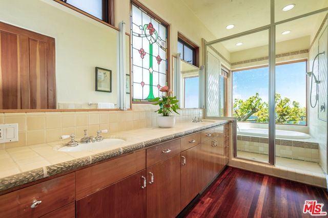Bathroom, Glass Shower, Interior, Recessed Lighting, Tile Countertops, Wood Texture Flooring