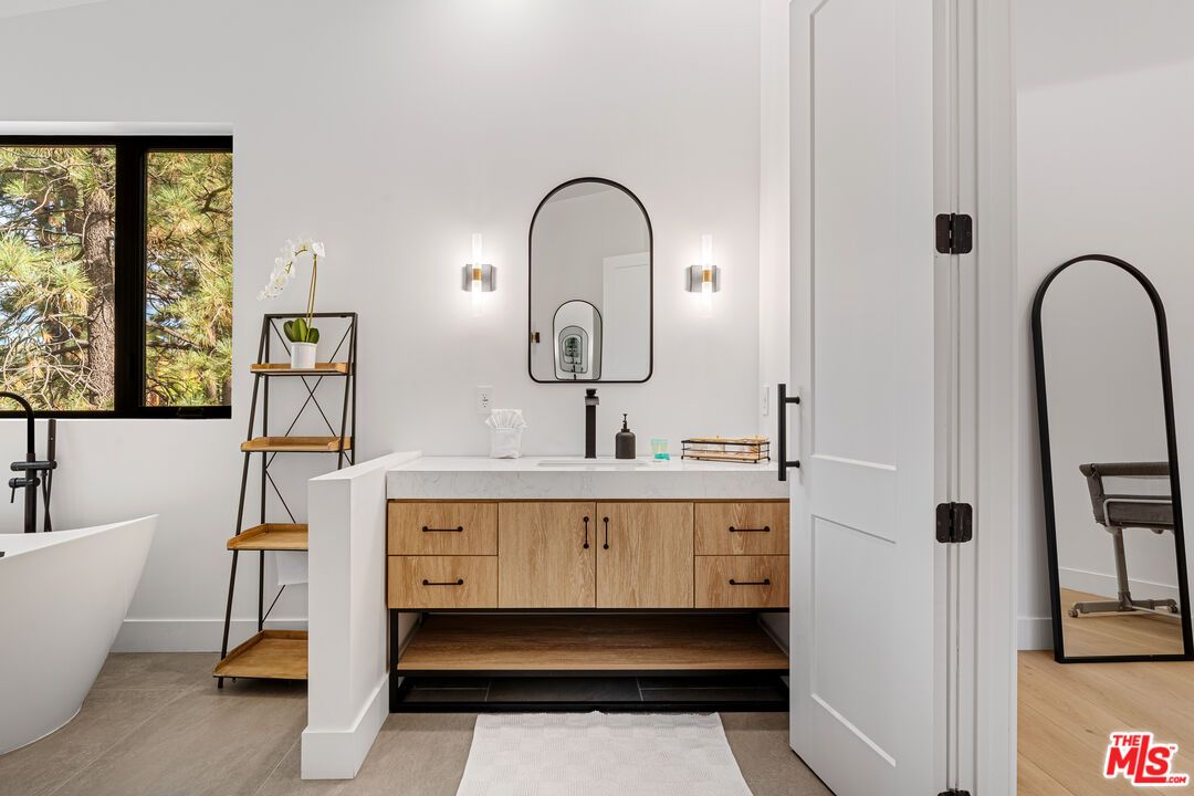 Bathroom, Dual Sink Vanities, Free Standing Baths, Interior, Wood Texture Flooring