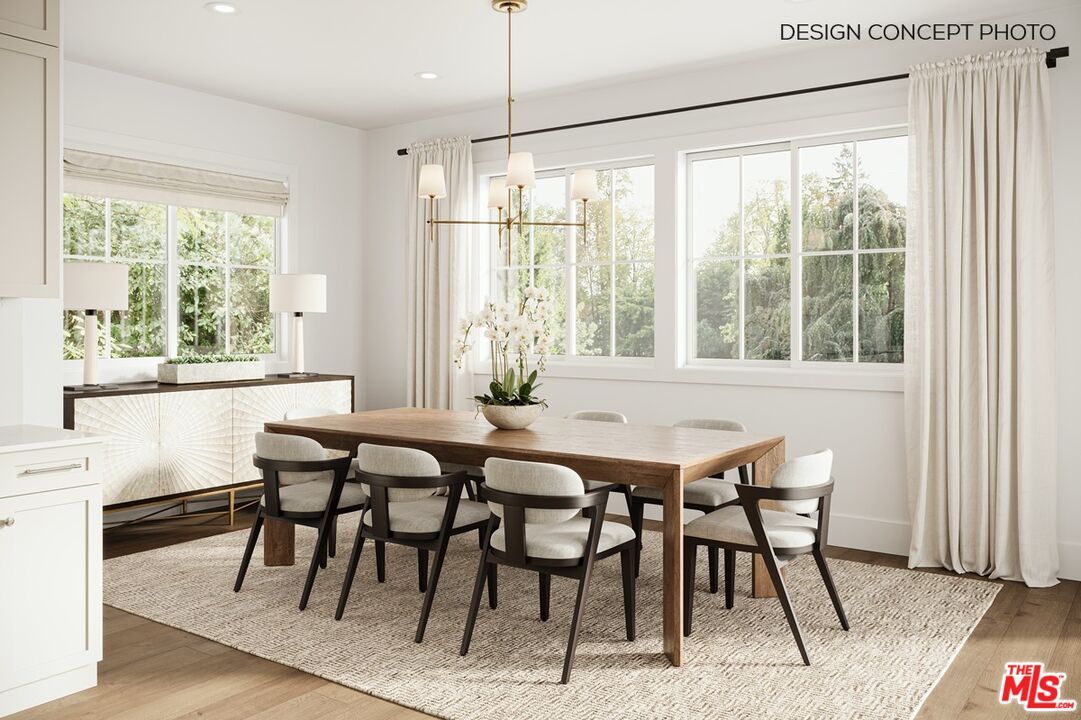 Dining room, Interior, Pendant Lights, Recessed Lighting, Wood Texture Flooring