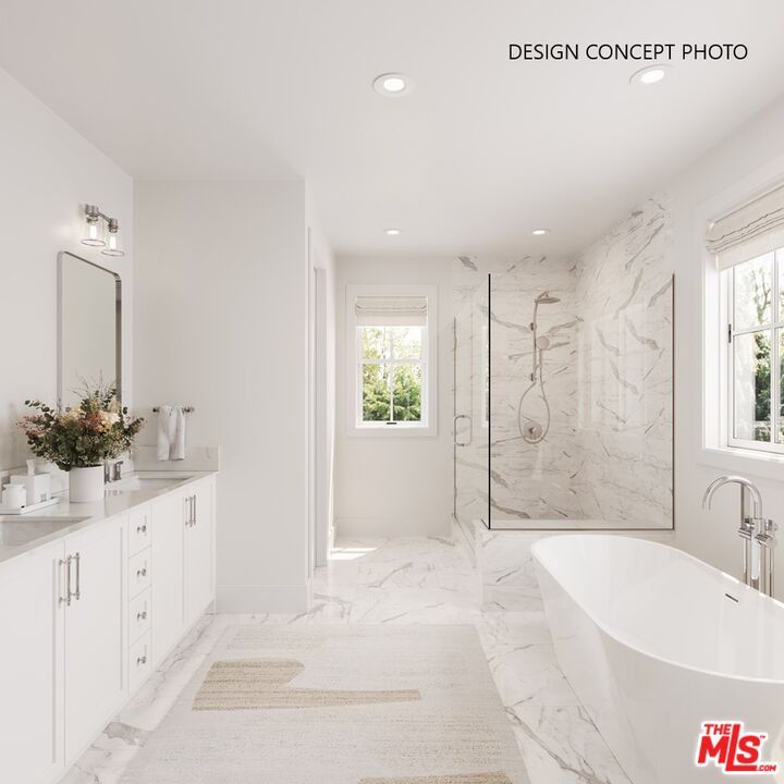 Bathroom, Dual Sink Vanities, Free Standing Baths, Glass Shower, Interior, Marble, Marble Walls, Recessed Lighting