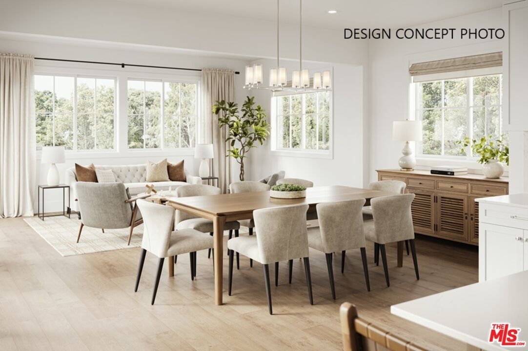 Dining room, Interior, Living room, Pendant Lights, Recessed Lighting, Wood Texture Flooring