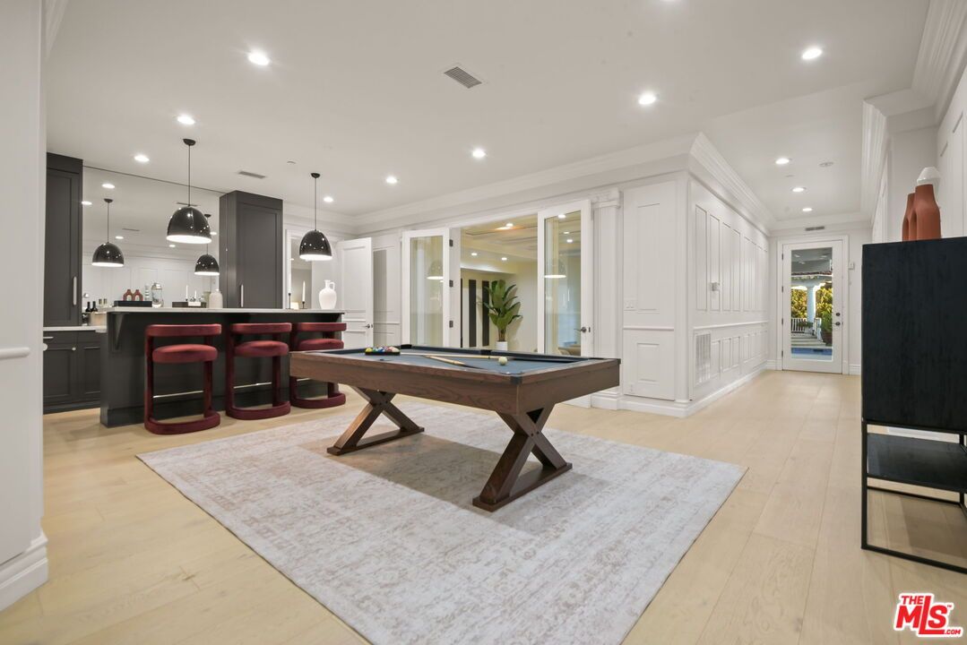 Billiard Table, Game Room, Interior, Pendant Lights, Recessed Lighting, Wood Texture Flooring