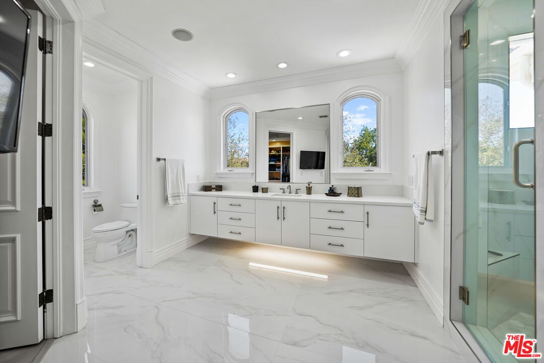 Bathroom, Dual Sink Vanities, Glass Shower, Interior, Marble, Recessed Lighting