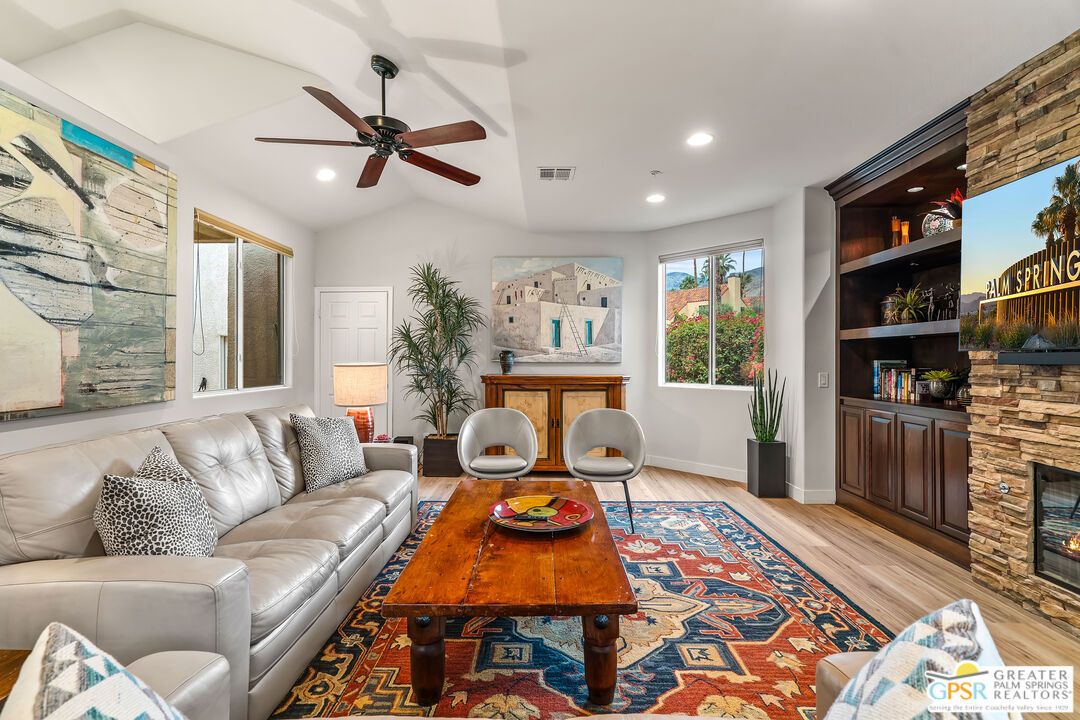 Fireplace, Interior, Living room, Recessed Lighting, Stone Walls, Wood Texture Flooring