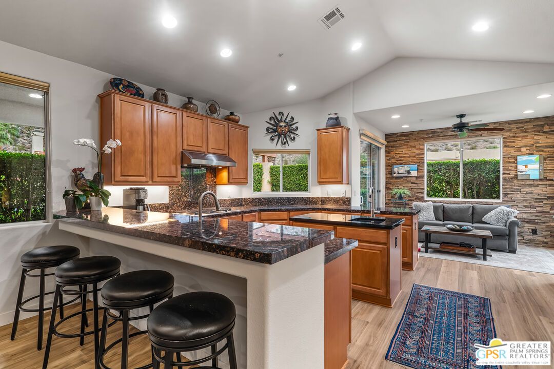Interior, Kitchen, Recessed Lighting, Stone Walls, Wood Texture Flooring, Wooden Walls