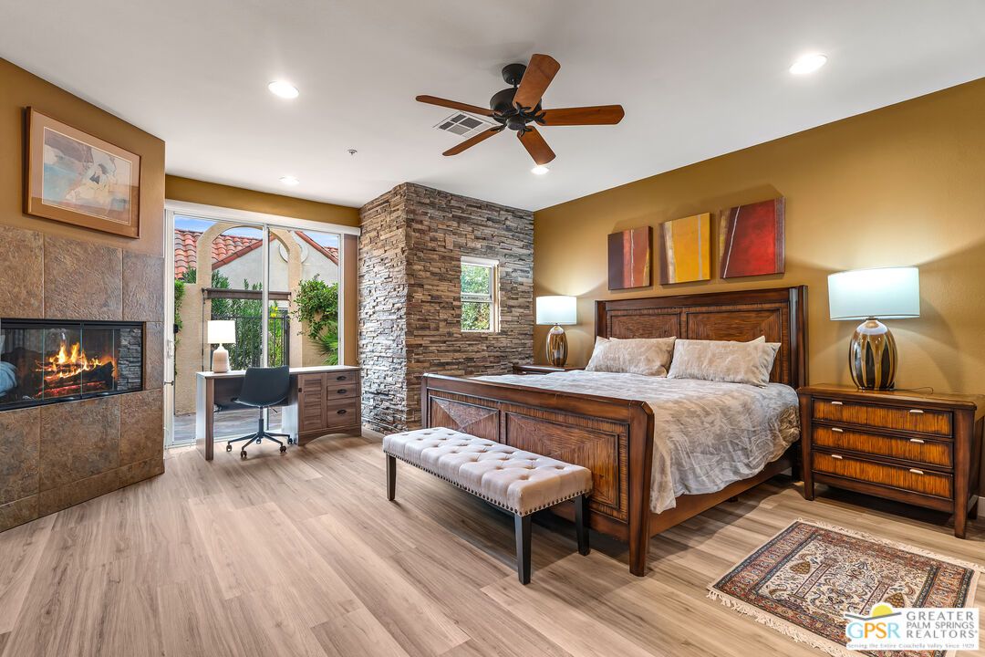 Bedroom, Fireplace, Home Office, Interior, Recessed Lighting, Stone Walls, Wood Texture Flooring