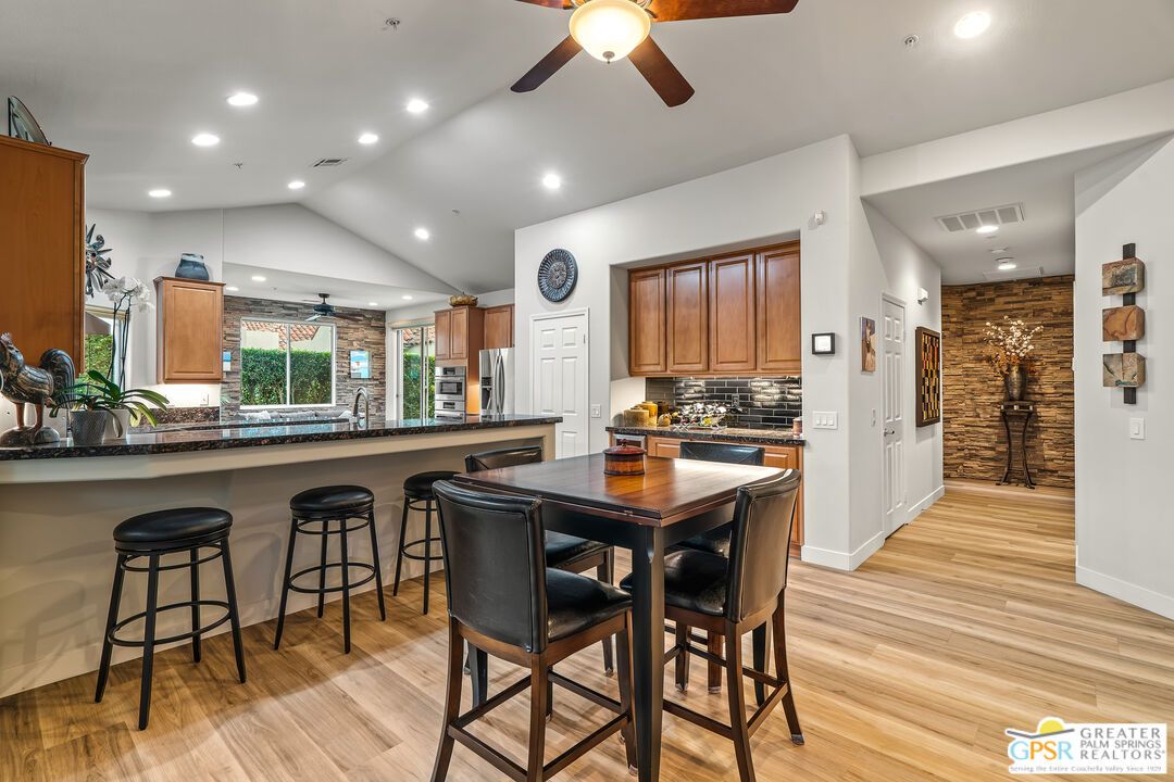 Interior, Kitchen, Recessed Lighting, Stone Walls, Wood Texture Flooring