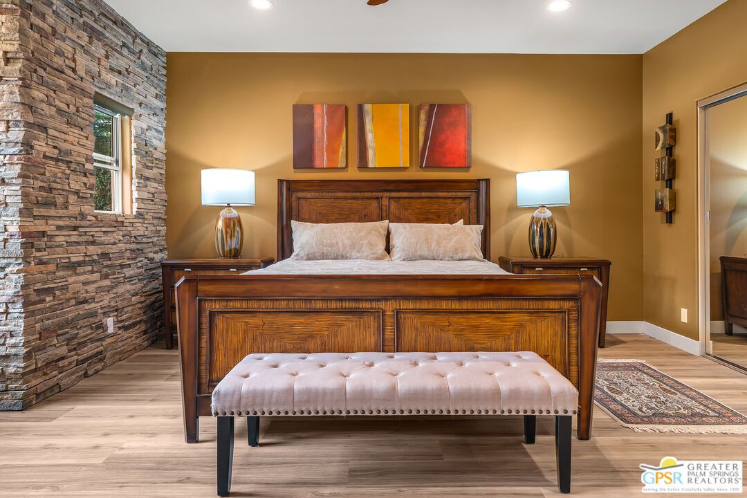 Bedroom, Interior, Recessed Lighting, Stone Walls, Wood Texture Flooring