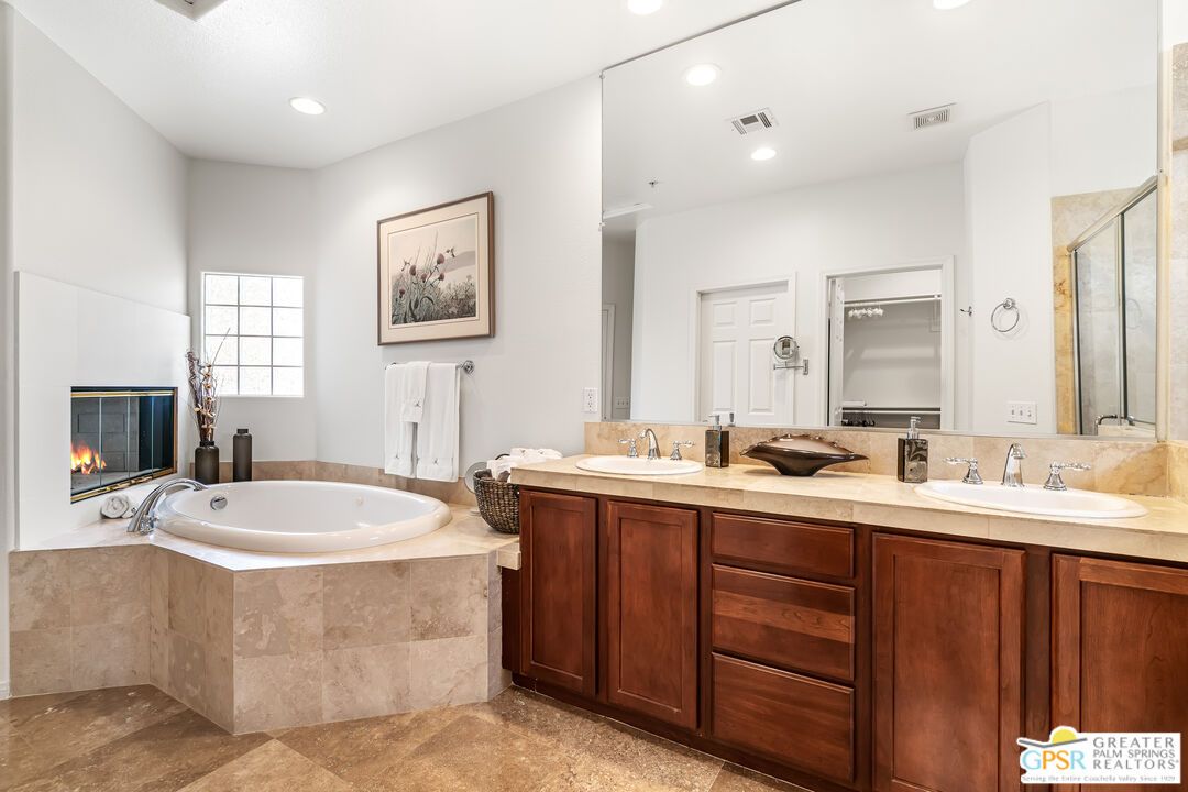 Bathroom, Dual Sink Vanities, Fireplace, Interior, Recessed Lighting