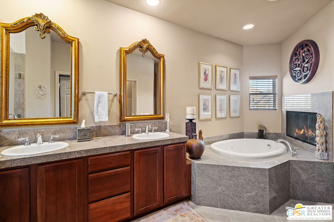 Bathroom, Dual Sink Vanities, Fireplace, Interior, Recessed Lighting