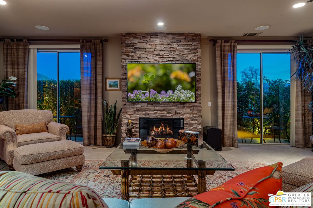 Fireplace, Interior, Living room, Recessed Lighting, Stone Walls