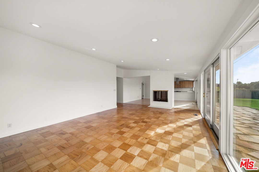 Empty room, Fireplace, Interior, Recessed Lighting, Wood Texture Flooring
