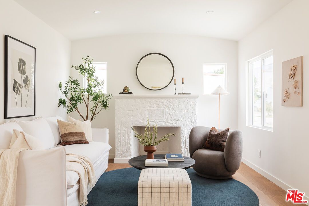 Fireplace, Interior, Living room, Recessed Lighting, Wood Texture Flooring