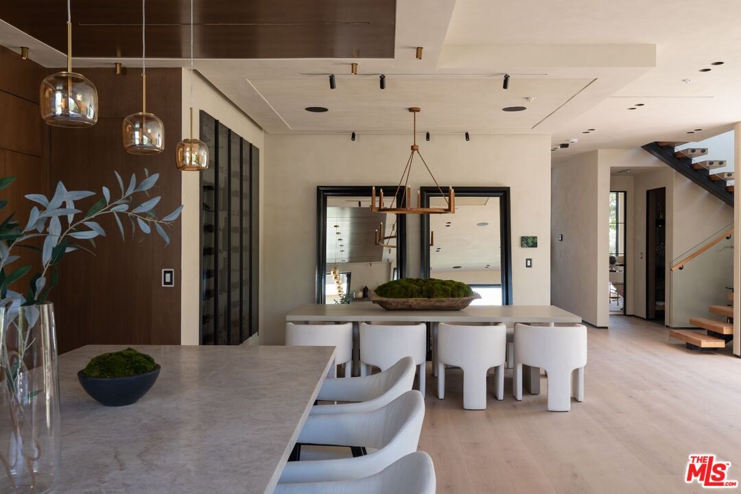 Dining room, Interior, Pendant Lights, Recessed Lighting, Wood Texture Flooring