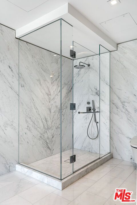 Bathroom, Glass Shower, Interior, Marble Walls, Recessed Lighting