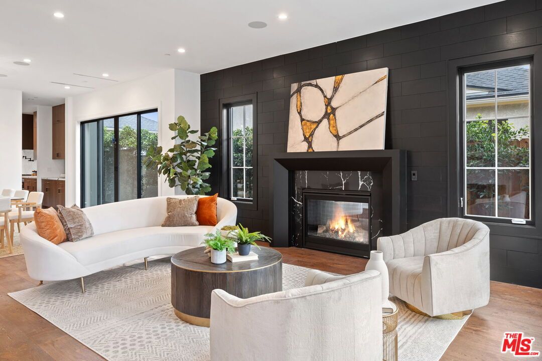 Fireplace, Interior, Living room, Recessed Lighting, Wood Texture Flooring