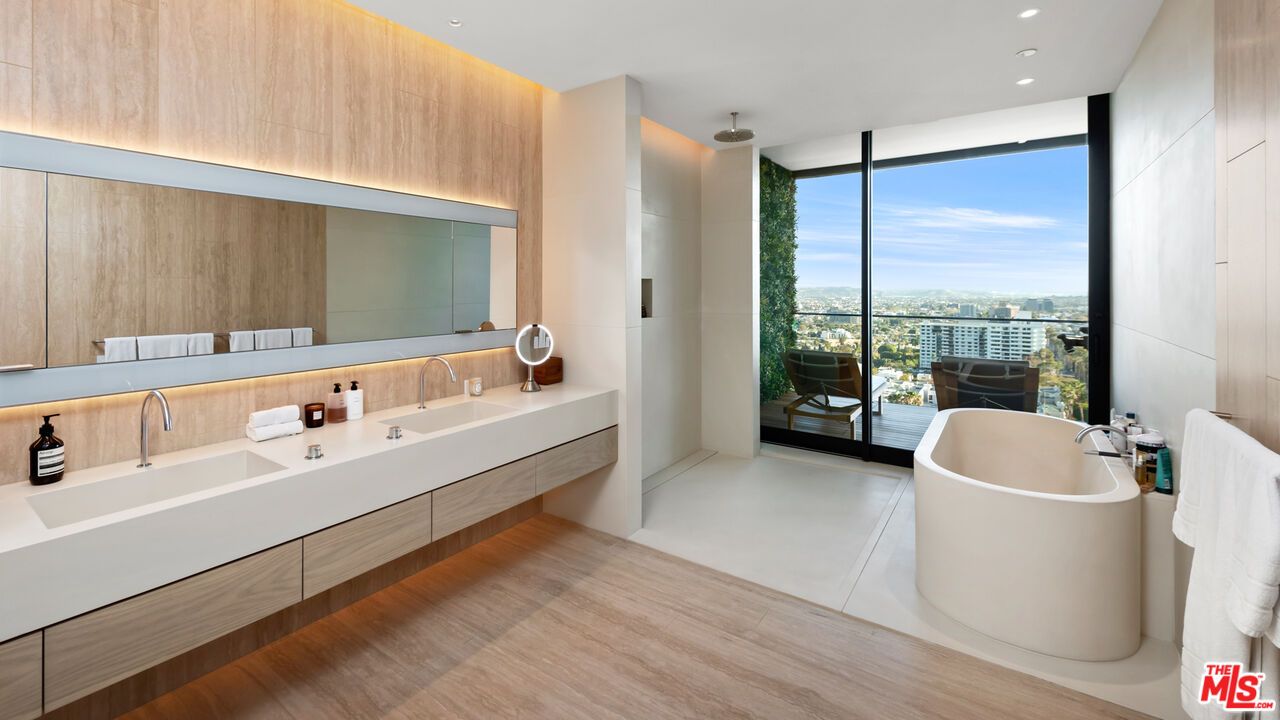 Bathroom, Dual Sink Vanities, Free Standing Baths, Interior, Recessed Lighting, Wood Texture Flooring