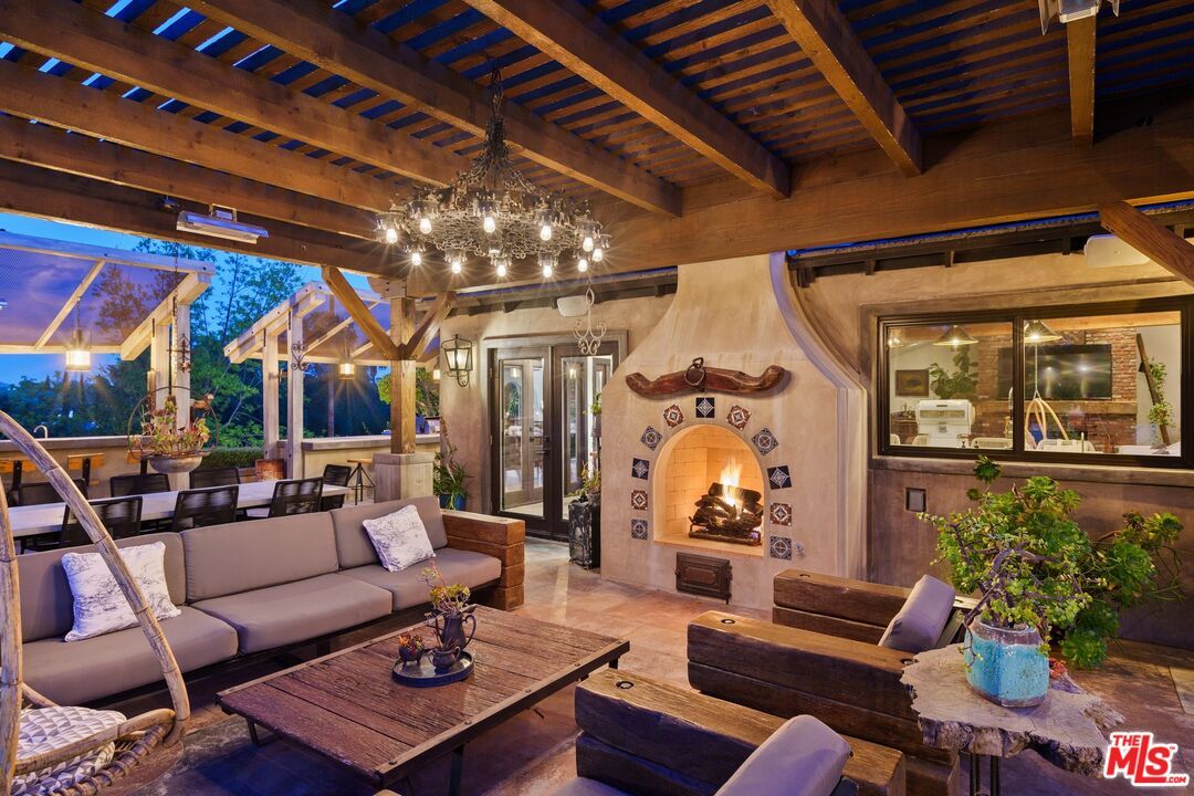Dining room, Exterior, Fireplace, Interior, Living room, Pendant Lights, Wooden Beams