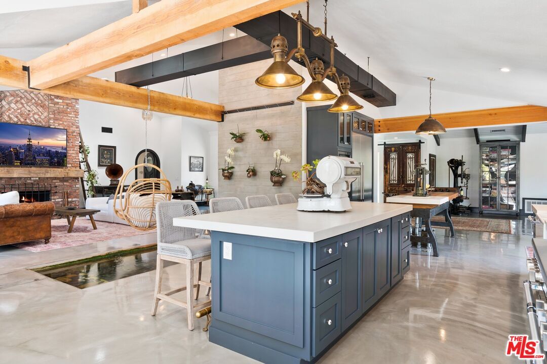 Billiard Table, Fireplace, Interior, Kitchen, Living room, Pendant Lights, Recessed Lighting, Stone Walls, Wooden Beams