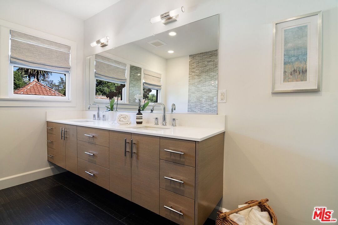 Bathroom, Dual Sink Vanities, Interior, Recessed Lighting, Wood Texture Flooring