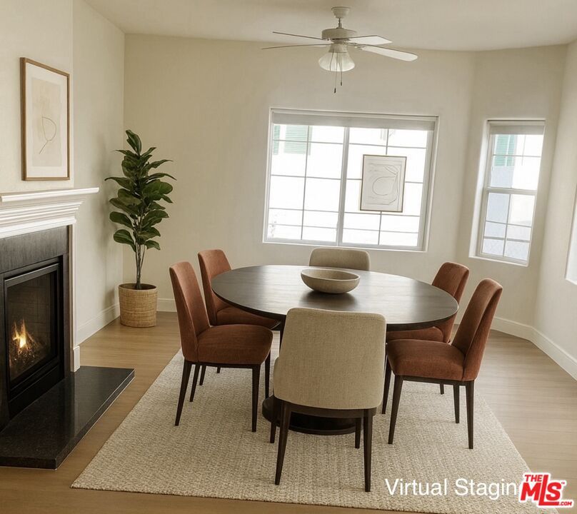 Dining room, Fireplace, Interior, Wood Texture Flooring