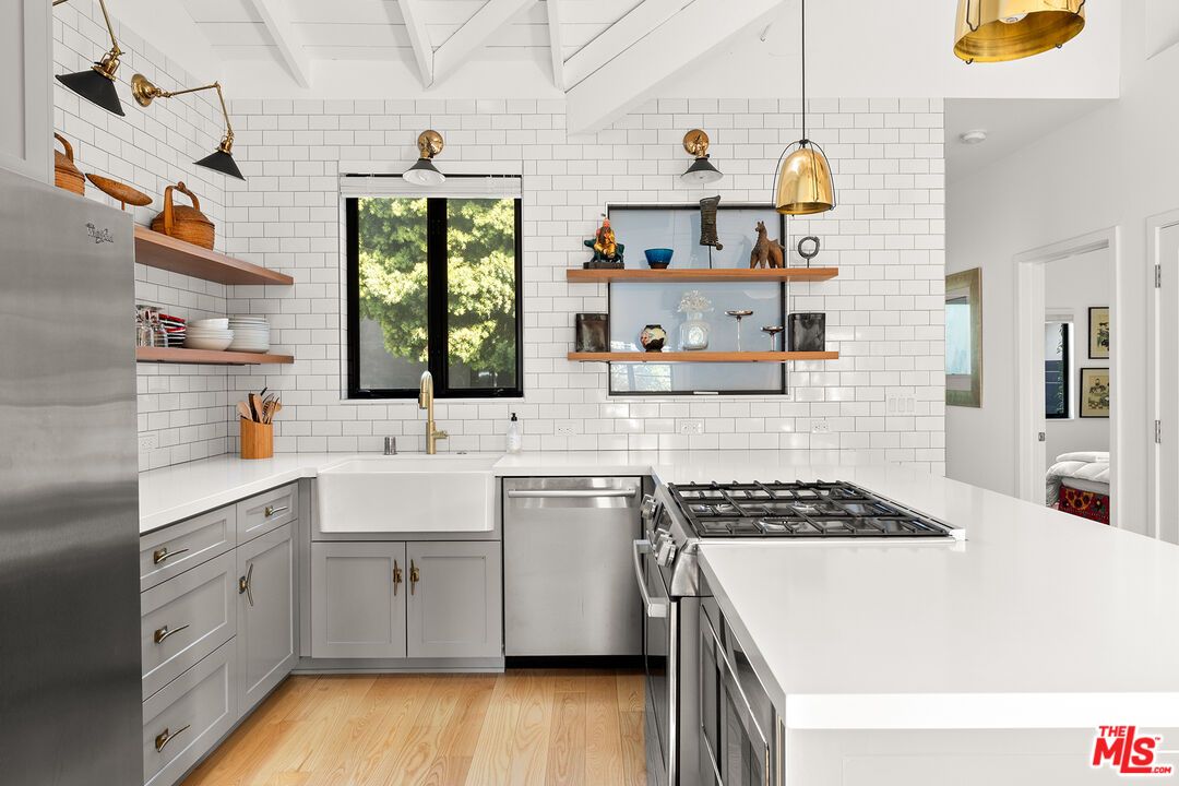 Interior, Kitchen, Pendant Lights, Stainless Steel Appliances, Stone Walls, Wood Texture Flooring