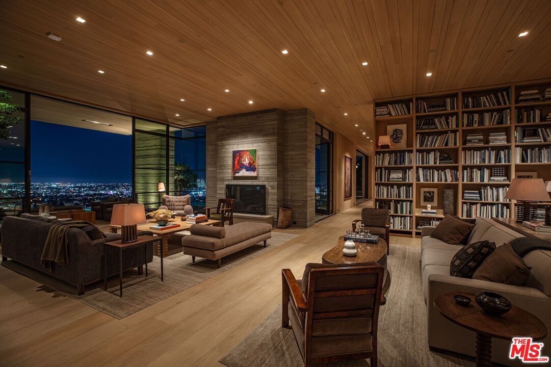 Fireplace, Interior, Living room, Recessed Lighting, Stone Walls, Wooden Ceilings, Wood Texture Flooring