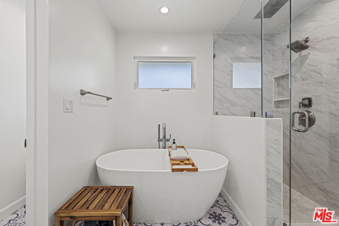 Bathroom, Free Standing Baths, Glass Shower, Interior, Marble Walls, Recessed Lighting