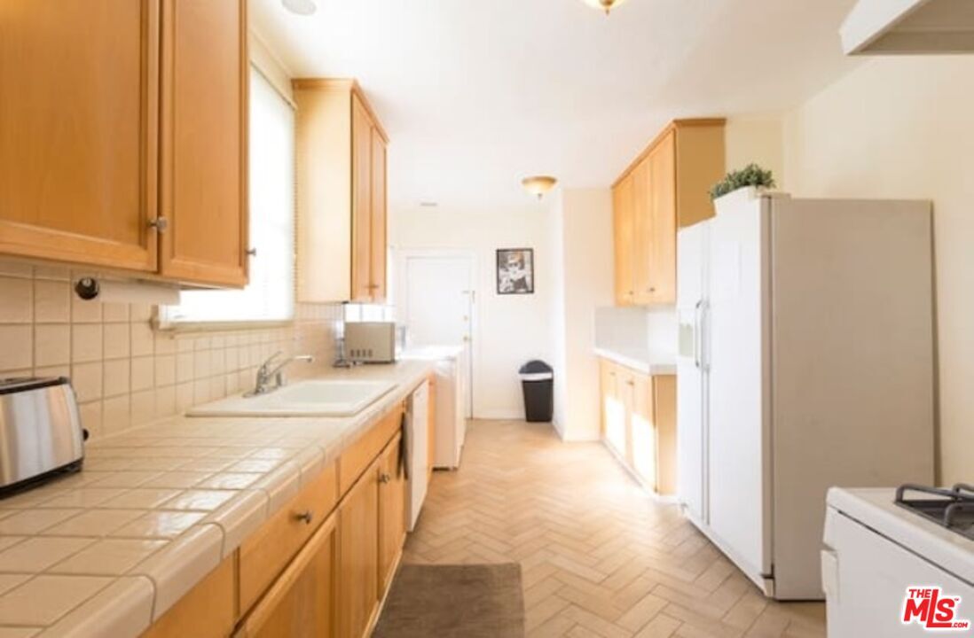 Interior, Kitchen, Tile Countertops, Wood Texture Flooring