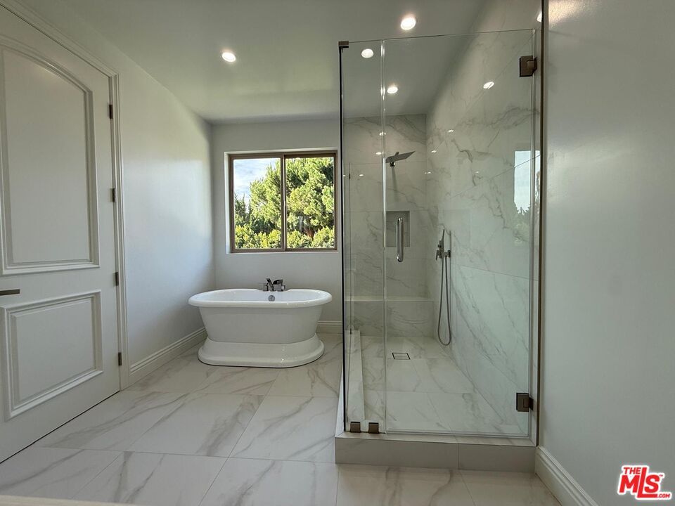 Bathroom, Glass Shower, Interior, Marble, Marble Walls, Recessed Lighting