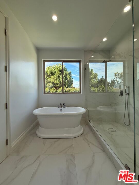 Bathroom, Free Standing Baths, Glass Shower, Interior, Marble, Marble Walls, Recessed Lighting