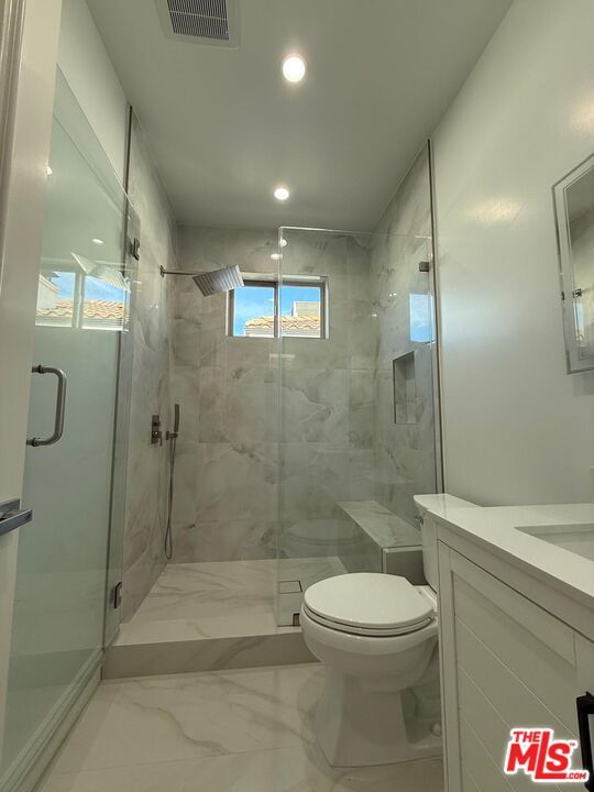 Bathroom, Glass Shower, Interior, Marble, Marble Walls, Recessed Lighting