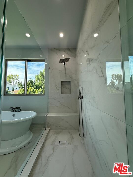Bathroom, Free Standing Baths, Glass Shower, Interior, Marble, Marble Walls, Recessed Lighting