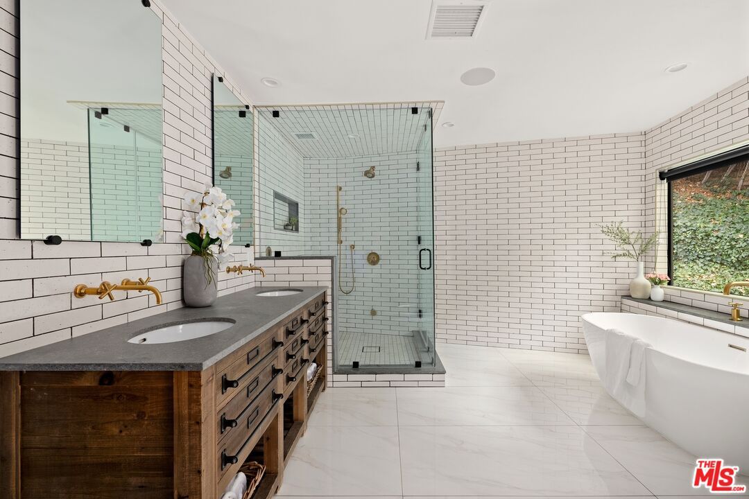 Bathroom, Dual Sink Vanities, Free Standing Baths, Glass Shower, Interior, Marble, Recessed Lighting