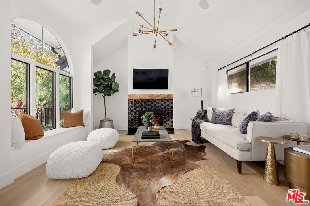 Fireplace, Interior, Living room, Pendant Lights, Wood Texture Flooring
