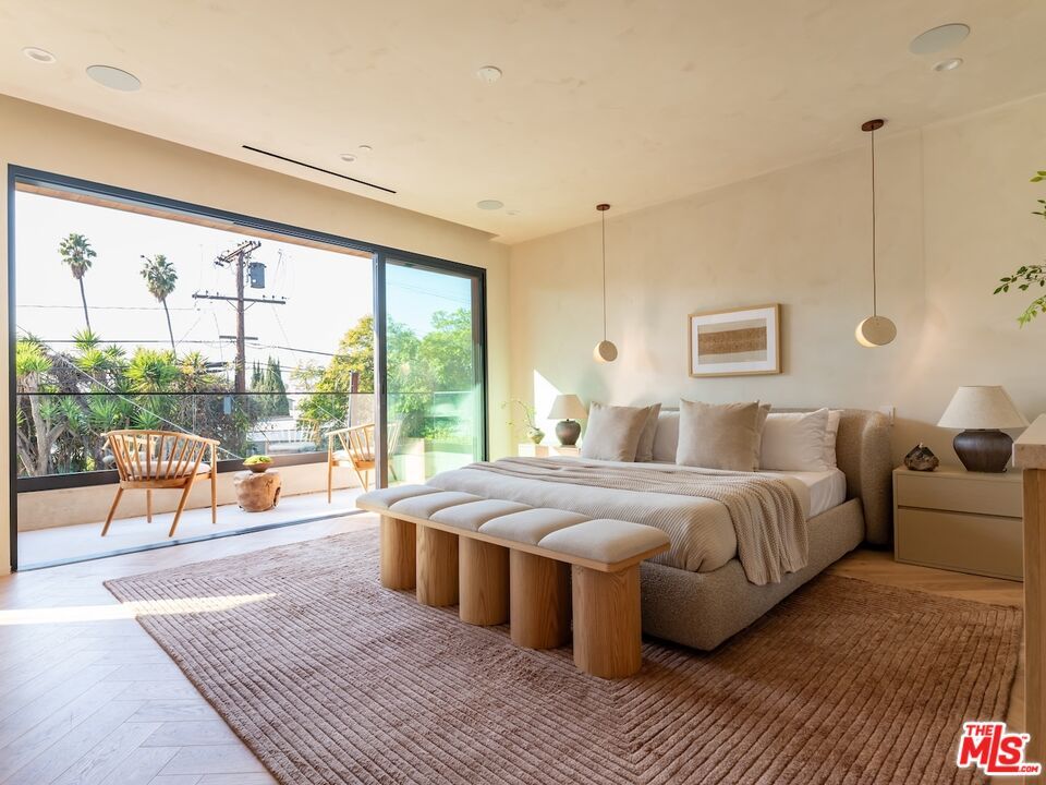 Bedroom, Interior, Pendant Lights, Recessed Lighting, Wood Texture Flooring