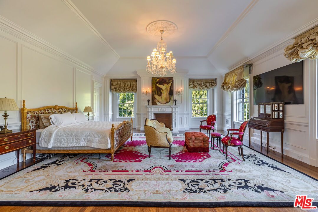 Bedroom, Chandelier, Fireplace, Interior, Wood Texture Flooring