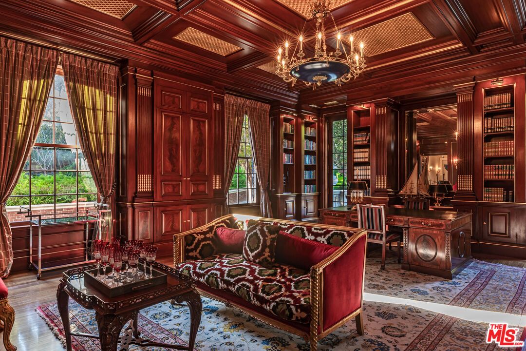 Chandelier, Home Office, Interior, Wooden Beams, Wooden Ceilings, Wood Texture Flooring, Wooden Walls